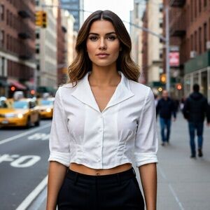 Vintage Retrospective White Floral Cropped Blouse with Shoulder Pads Size Med